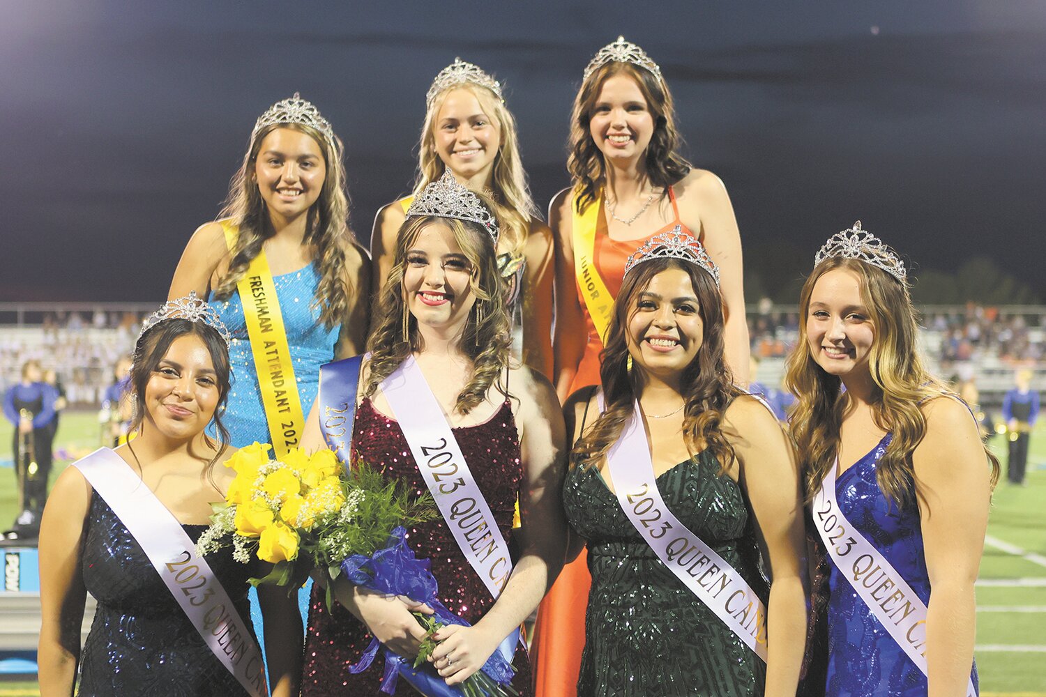 Cimbria Bowling, second from left in the front row, was crowned homecoming queen at Crawfordsville High School on Friday. Also pictured in the front row are senior queen contestants, Yuryko Martinez, Stephany Olvera and Sam Rohr. Pictured in the back row are freshman attendant Dayanara Fernandez, sophomore attendant Alayna Hall and junior attendant Eva McCandless.