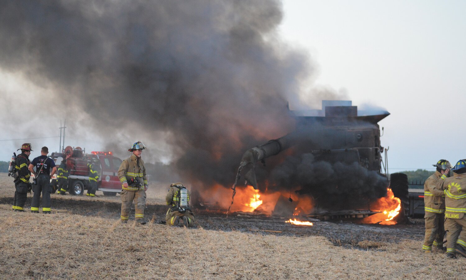 Firefighters from Crawfordsville and New Market responded shortly after 7 p.m. Sunday to a report of a combine on fire at 1434 E. C.R. 600S. Thick black smoke could be seen from miles away. The first unit on the scene reported the combine was fully engulfed in fire. Brush trucks were used to shuttle water to the fire because the combine was located quite a distance from the road. The combine, owned by Tom Boots, was destroyed.