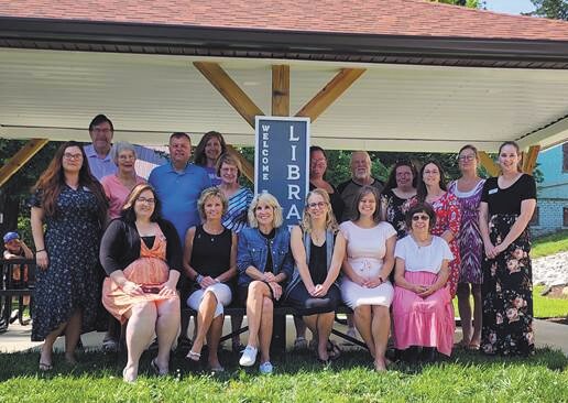 Pictured, from left, are front row: Kim Eaton, Director of Community Engagement – Western Indiana Community Foundation; Renee McGrady and Marsha Orr, Southeast Fountain Community Foundation board members; Kristin Allen, Veedersburg Clerk-Treasurer; Bri Sharbaugh, library clerk; and Christy Kruger, Friends of the Veedersburg Public Library; back row: Ashley Marks, library program coordinator; Dale White, CEO – Western Indiana Community Foundation; Irene Norman and George Deel, Southeast Fountain Community Foundation board members; Darla Nine, Friends of the Veedersburg Public Library; Cheryl Carlson, Southeast Fountain Community Foundation board member; Mariellen Kimberling, Friends of the Veedersburg Public Library; Richard Florey, Covington-Veedersburg Public Library board member; Megan Whitaker, library clerk; Ashley Peterson, library program coordinator; Hannele Fritz, Friends of the Veedersburg Public Library; and Brandy Durant, library manager.