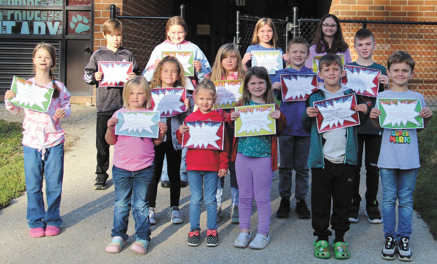As a part of their Leader in Me program, Turkey Run Elementary students received Habit Hero Awards. Habit Hero awards are given to students who set an example by being a good leader and demonstrate one of the seven habits. Awards are presented by staff members to students who they believe have excelled in one of the habits. Earning Habit Hero awards for September are, front row, Leah Wirth, Sparrow Stakley, Mackenzie Blystone, Finn Schaefer and Theodore Davies; middle row, Izy Staggs, Cali Bennington, Ashton Foxworthy, Nolan Lamb, and Axel Irelan; and back row, Carter Chapman, Emma Weise, Lorie Reynolds and Abby Mauntel. Not pictured is Eli McCoy and Kevin Thompson.