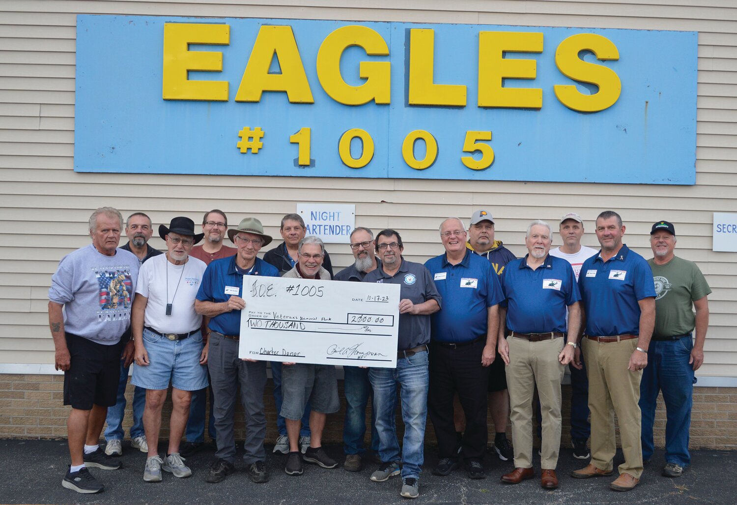 Crawfordsville Aerie 1005 of the Fraternal Order of Eagles recently donated $2,000 to the Veterans Memorial Park. Officers and trustees of the Aerie gathered along with park board members for a check presentation. Pictured, from left, are front row, Terry Smith, Frank Escamilla Jr, Bill Durbin, Aerie president Phil Thompson, Doug Mather, Mark Eustler, Mike Spencer and Kevin Cobb; and back row, Jim Shahan, Brian Foy, Derry Grimes, Terry Craft, Dave Lawhorn and Brett Cating.