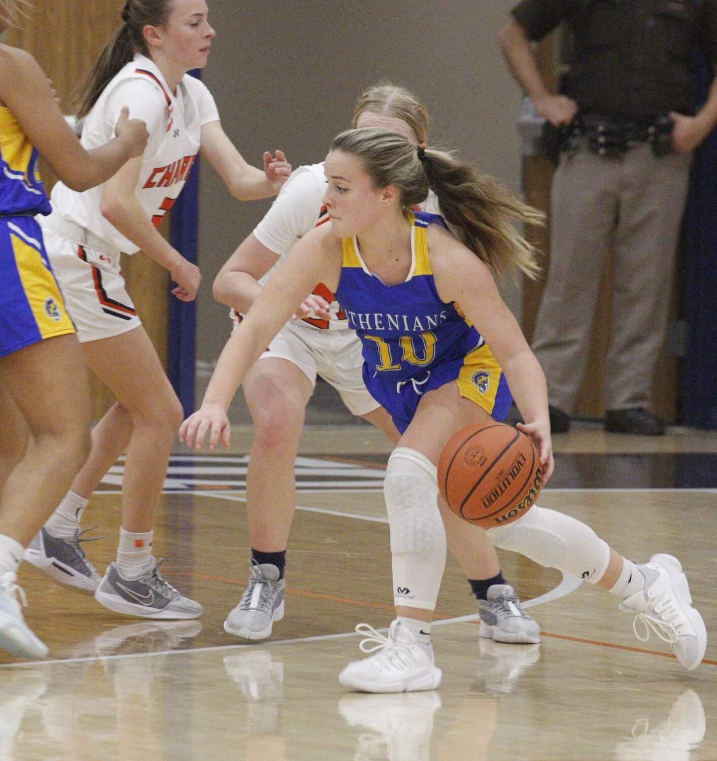 Cville sophomore Molly Pierce handles the ball on the perimeter for CHS.