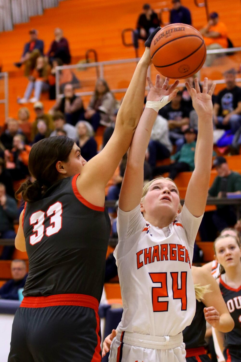 Layla Gomez of Southmont - blocking a shot by Caelyn Carpenter of North Montgomery