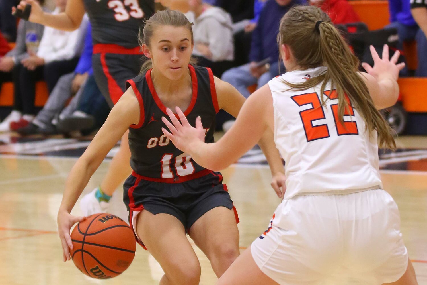 Emily LInk of Southmont - driving toward Blair Nichols of North Montgomery