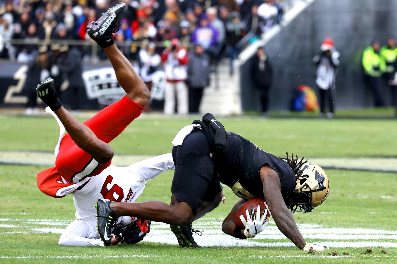 Deion Burks of Purdue - rolling catch of pass for 2-yard gain, tackle by Jamier Johnson of Indiana