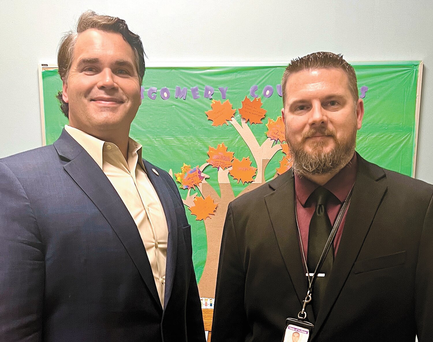 State Rep. Beau Baird (R-Greencastle), left, meets with Justin Dearinger, director of the Montgomery County Department of Child Services office Nov. 9 to learn more about local efforts to resolve child neglect.
