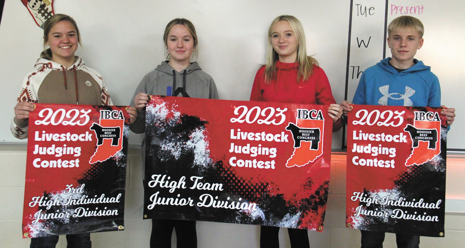 Four Parke Heritage FFA members won High Team Honors at the Livestock Judging Contest held at the Hoosier Beef Congress in Indianapolis. The team of Cohen Berry, Whitney Swaim, Brooklynn McMullen and Kamden Shields were the High Team in the Junior Division. Shields was the High Individual and Berry was Third High Individual. Stormi Swaim was Fourth High Individual for the senior division. There were 55 teams and 155 individuals competing in the contest. Also participating in the Junior Division contest were Emmylou Rader, Kennedy Mitchell and Landon Berry. Pictured, from left, are Cohen Berry, Whitney Swaim, Brooklynn McMullen and Kamden Shields.