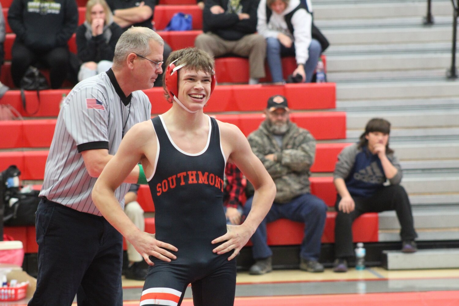 Southmont's Hunter Alesi was all smiles after his 7-5 win in overtime for the Mounties.