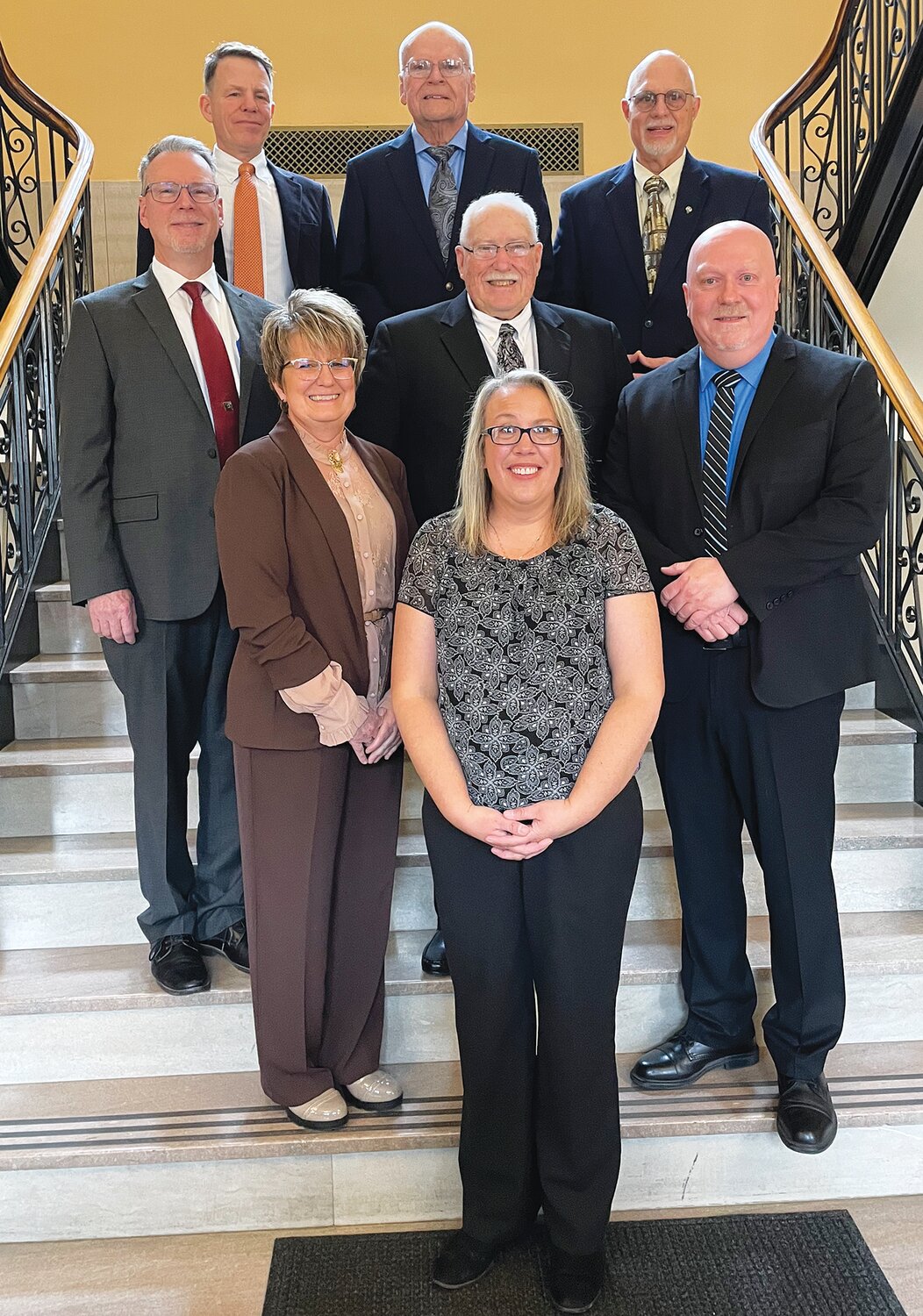 Newly sworn-in officeholders for the city of Crawfordsville are, from left, front row, Clerk-Treasurer Karyn Douglas; second row, Councilwoman Jennifer Lowe and Mayor Todd Barton; third row, Councilmen Jeff Lucas and Stan Hamilton; and back row, Councilmen Ethan Hollander, Mike Reidy and Andy Biddle. Not pictured is Councilman Kent Priebe.