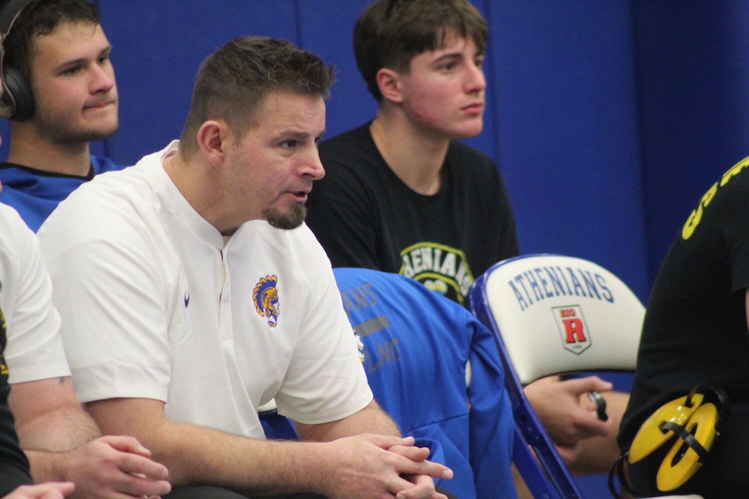 Crawfordsville coach Aaron Keller intensely looks on during his teams match against Southmont.
