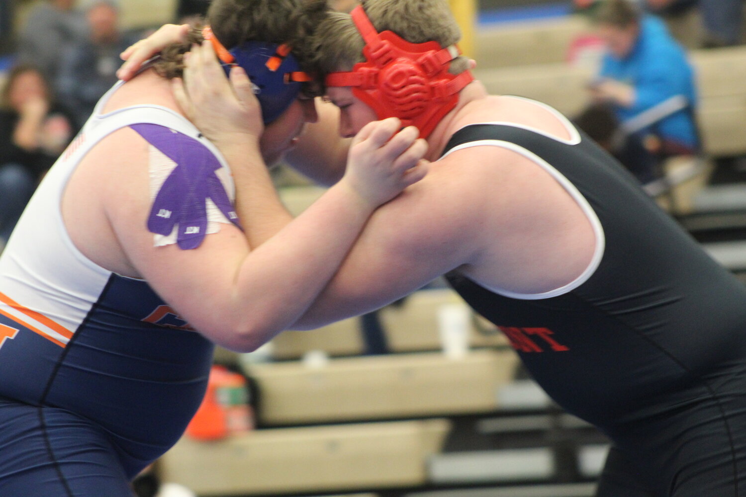 North Montgomery's Cale Anderson and Southmont's Ayden Dickerson battle at 285. Dickerson brought home the county championship.