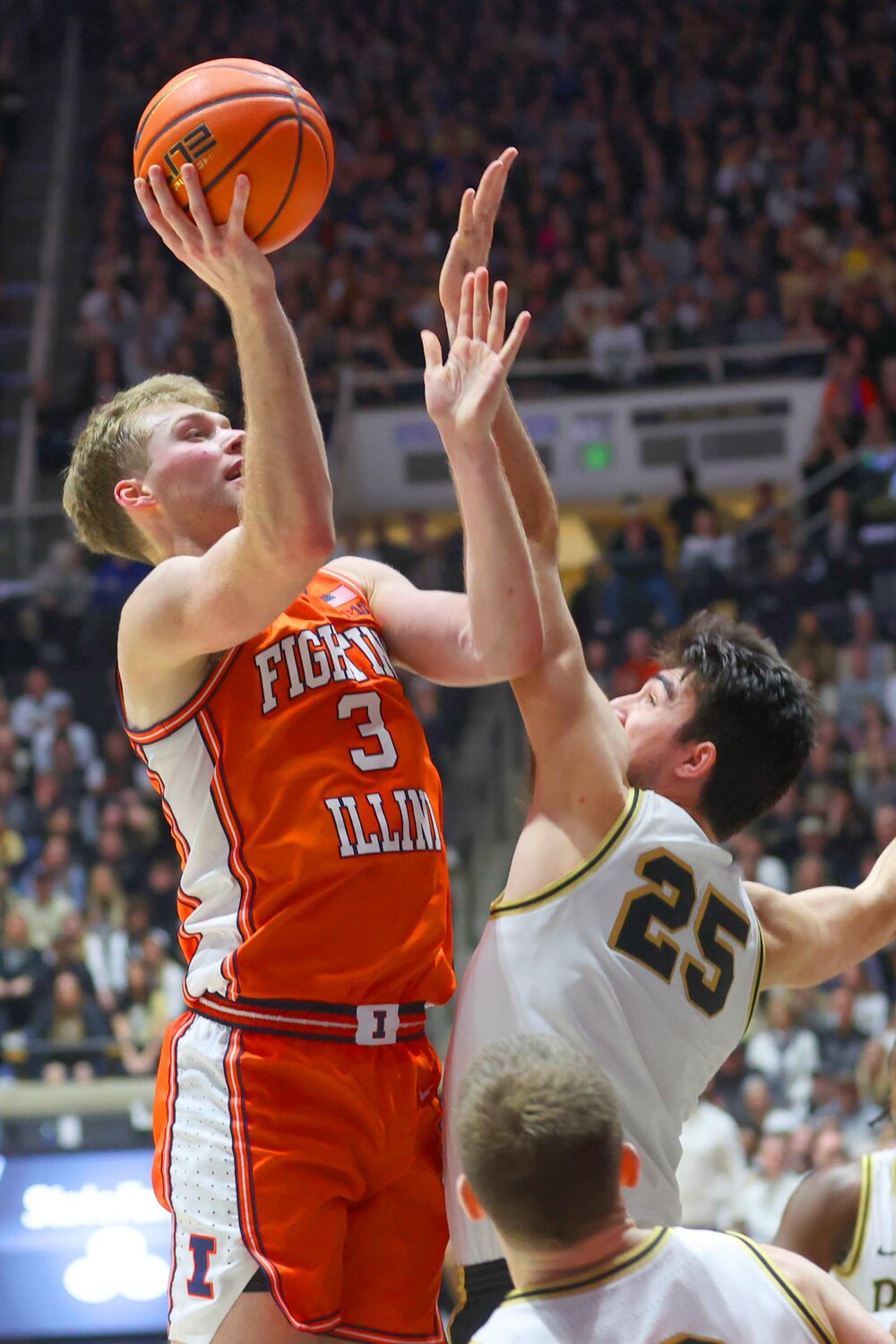 Marcus Domask of Illinois - shooting a short jumper over the defense of Ethan Morton of Purdue