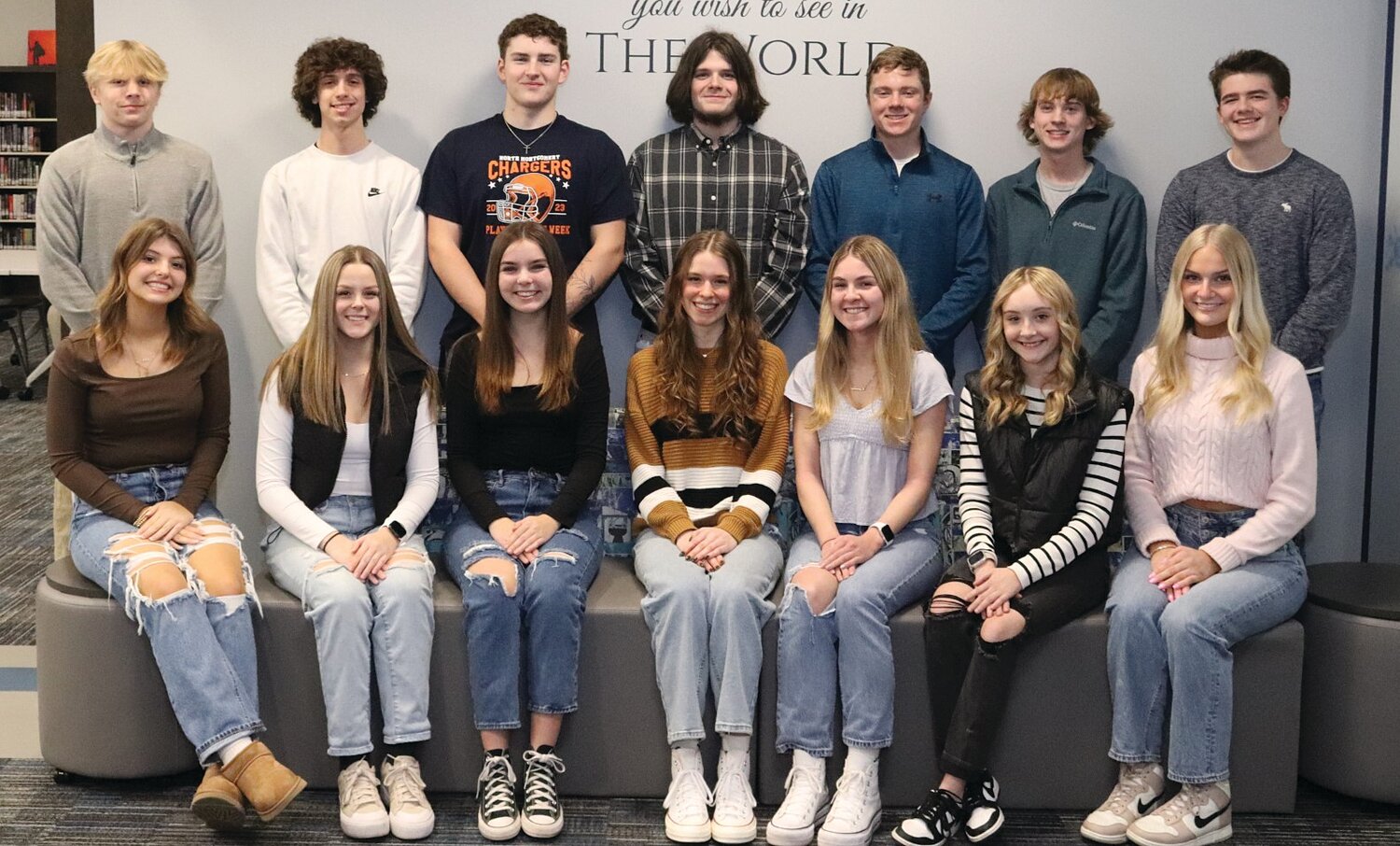 Members of the North Montgomery High School Winter Homecoming Court are, from left, front row, Rilee Martin, Abigal Allen, Sydney Neideffer, Trista Thomas, Shayna Ratcliff, Dericka Jeffers and Emma Leonhardt; and back row,  Hunter Haworth, Tripp Wathen, Corbin Meadows, Colin Campbell, Brent Runyan, Tanner Schultz and Crew Cole. The students will be recognized Friday during the game against Frankfort.