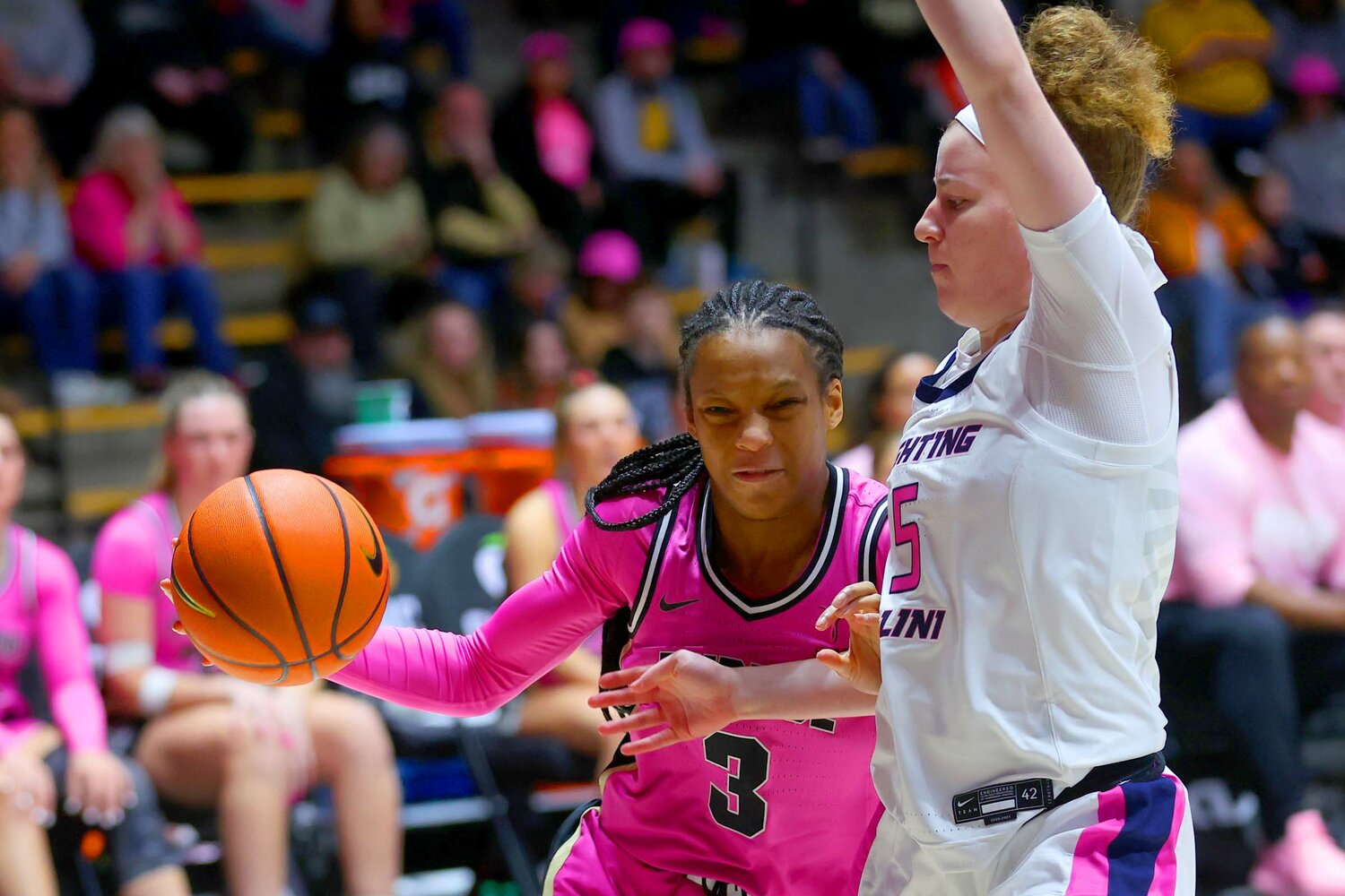 Jayla Smith of Purdue - driving into Gretchen Dolan of Illinois