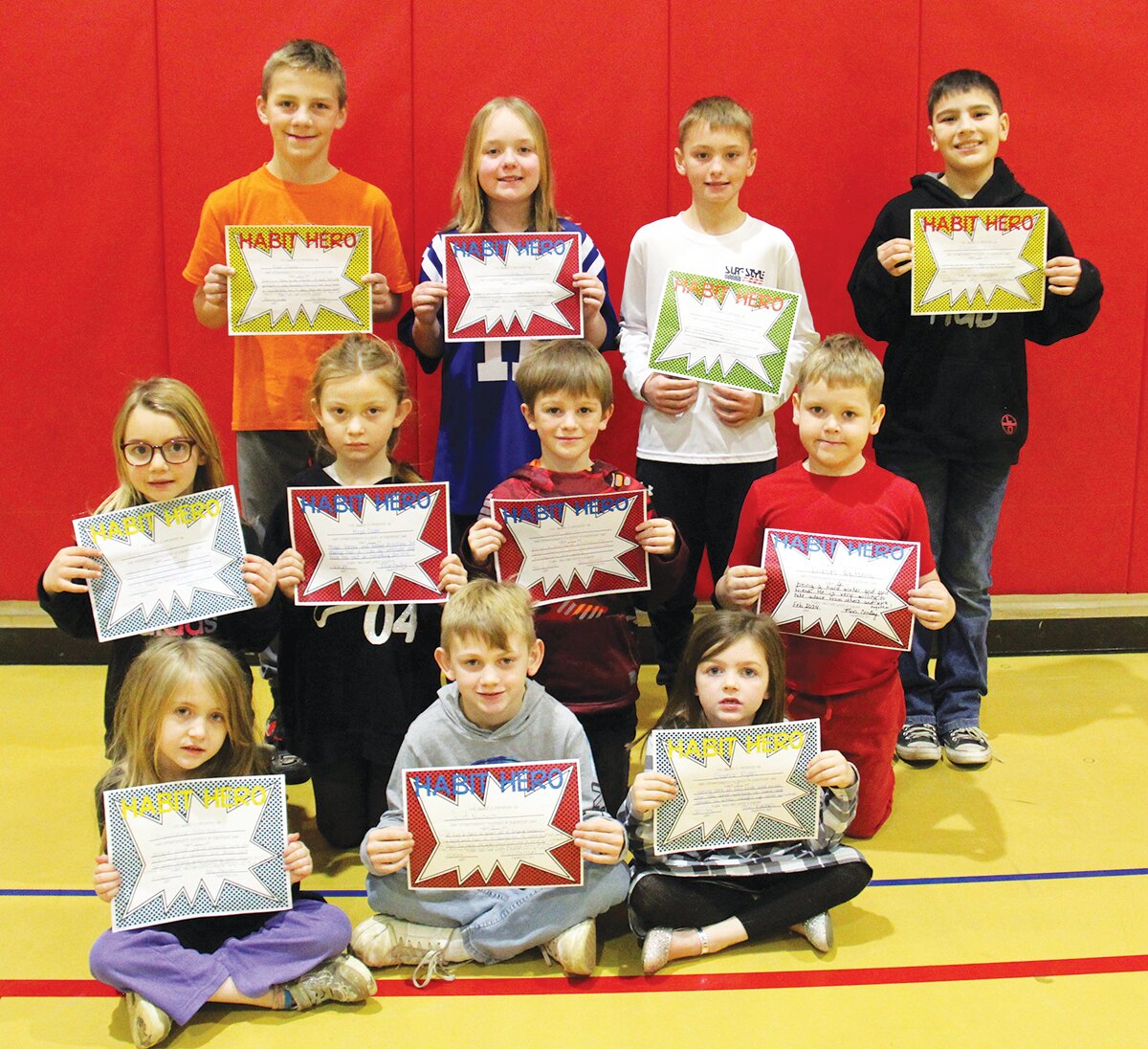 As a part of their Leader in Me program, Turkey Run Elementary students received Habit Hero Awards. Habit Hero awards are given to students who set an example by being a good leader and demonstrate one of the seven habits.  Awards are presented by staff members to students who they believe have excelled in one of the habits. Earning Habit Hero awards for January were front row, Anasatia Morman, Jacob Newnum and Sophie Ryan; middle row, Evie Mundell, Miya Doan, Luke Davies and Diesel Reitsma; and back row, Nixon Newnum, Savanna York, Caleb Mauntel and Ezekiel Diaz. Not pictured are Rayn Vandevender, Griffin Woods, Alaiya Steele and Braxton Jeffrey.