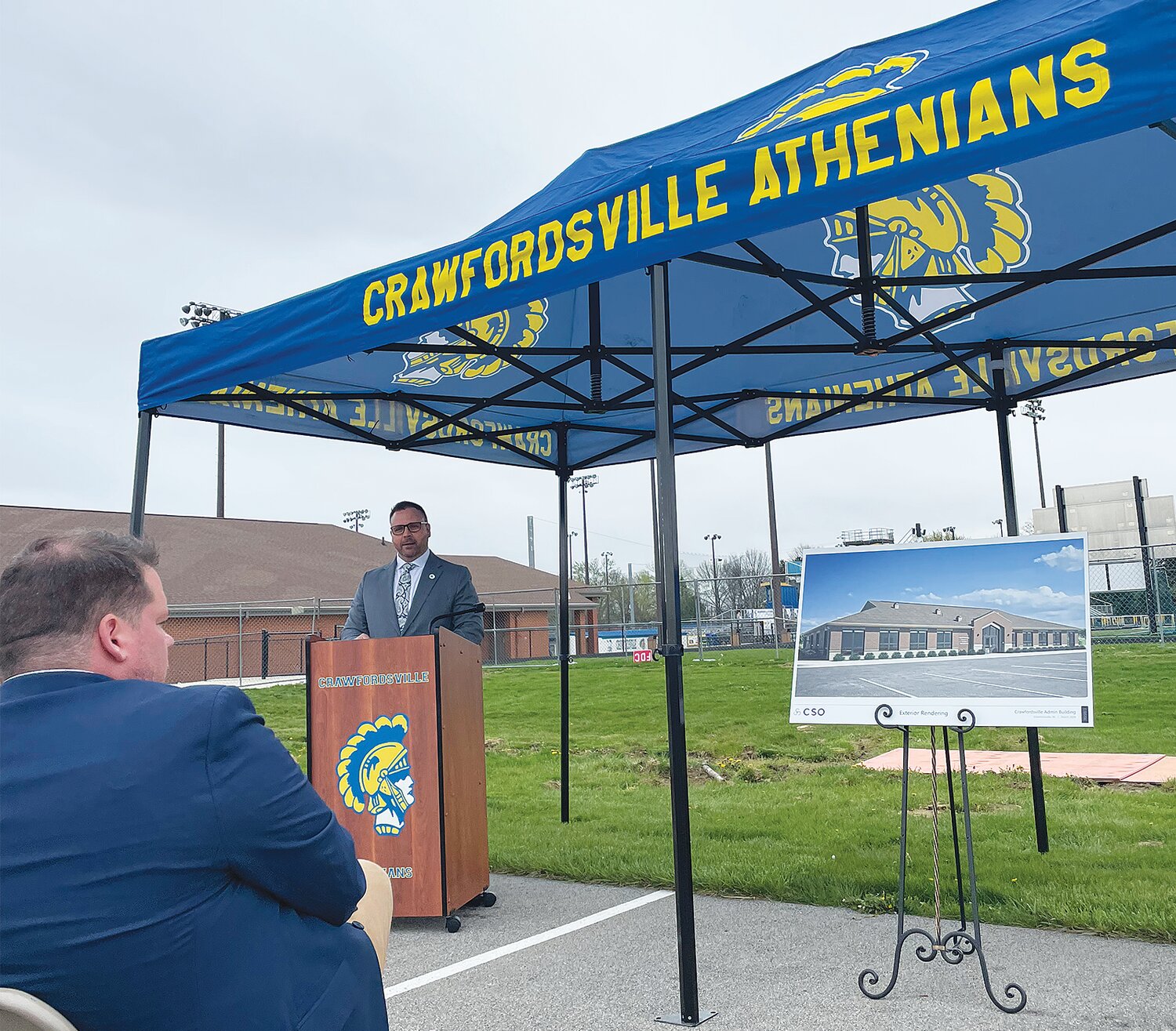 Superintendent Dr. Rex Ryker delivers remarks Wednesday during the ground breaking ceremony for the district's new administration building.