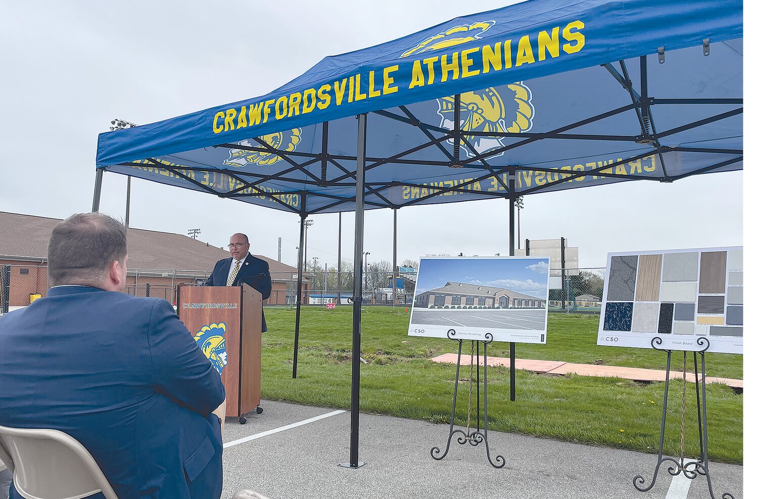Steve McLaughlin, school board president, delivers remarks Wednesday during the ground breaking ceremony for the district's new administration building.