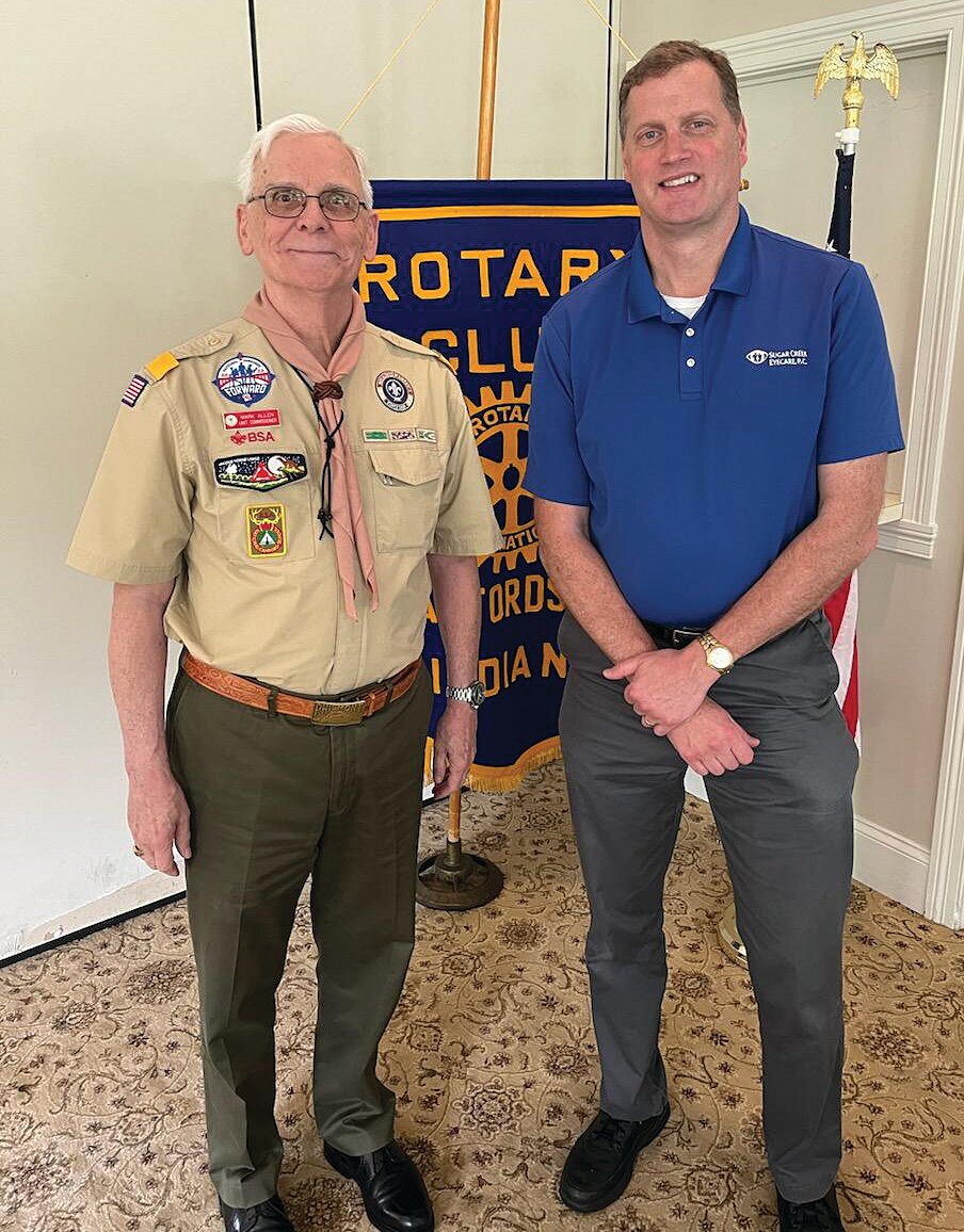 Mark Allen, left, who joined Scouts in 1960, spoke to the Crawfordsville Rotary Club at their noon meeting. The title of his talk was “Scouting America.” Boy Scouts of America was started Feb. 8, 1910. Scouts range from Cub Scouts to Eagle Scouts. They work on developing leadership, character and patriotism. These are activity based with many opportunities to earn badges and new skills. Camping is a major skill taught. Both male and female people may join. On Feb. 8, 2025 Scouting America will become the official name for the organization. Allen is pictured with Dr. Michael Scheidler.