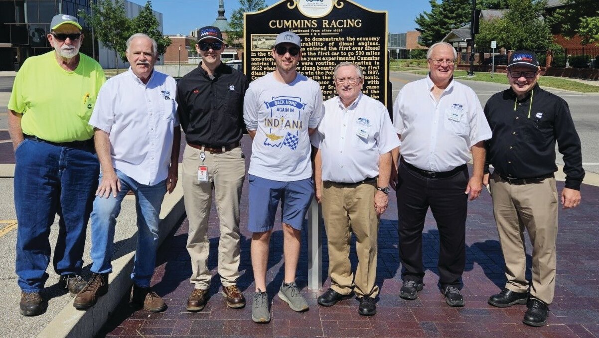 Indiana Racing Memorial Association's 57th historical marker honors Cummins Racing at 1000 Fifth St. (Plant 1, Gate 1) Columbus. Participating in the unveiling ceremony during the Indianapolis Motor Speedway Brickyard Weekend were Facility Maintenance Associate and Diesel Workers Union Member with the Most Seniority Dave “Bear” Gelfius, IRMA Advisor Brad Winters, Cummins Engine Plant Manager Kyle Lewandowski, NASCAR Driver and Mitchell, Indiana, native Chase Brisco, IRMA Executive Team Member Dave Bozell, IRMA Co-Founder Mark Eutsler, and Engine Business Unit and Heavy-Duty Machining General Manager Scott Mann. In 1931, Cummins #8 Diesel was the first car to run the Indianapolis 500 non-stop. It was also the first diesel car at the race. Using 31 gallons of fuel it finished 12th in 5 hours, 48 minutes, and 9 seconds.