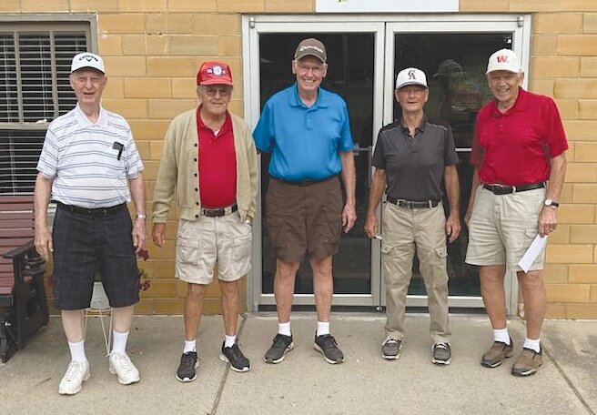 Pictured from left, are "old timers" Ed Bayless, Dick Baker, Dick VanArsdel, Dan Welliver and Bill Boone. All are older than age 85 and golf regularly at the Crawfordsville Municipal Golf Course.