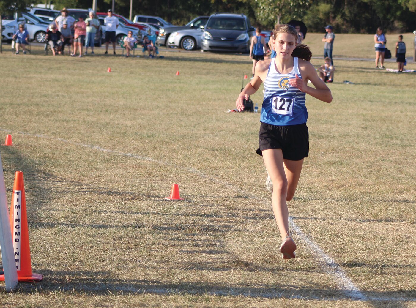 Crawfordsville Katherine Novak crosses the finish line first at  Wednesday's Montgomery County Cross Country Meet. Novak helped her team win the overall championship.