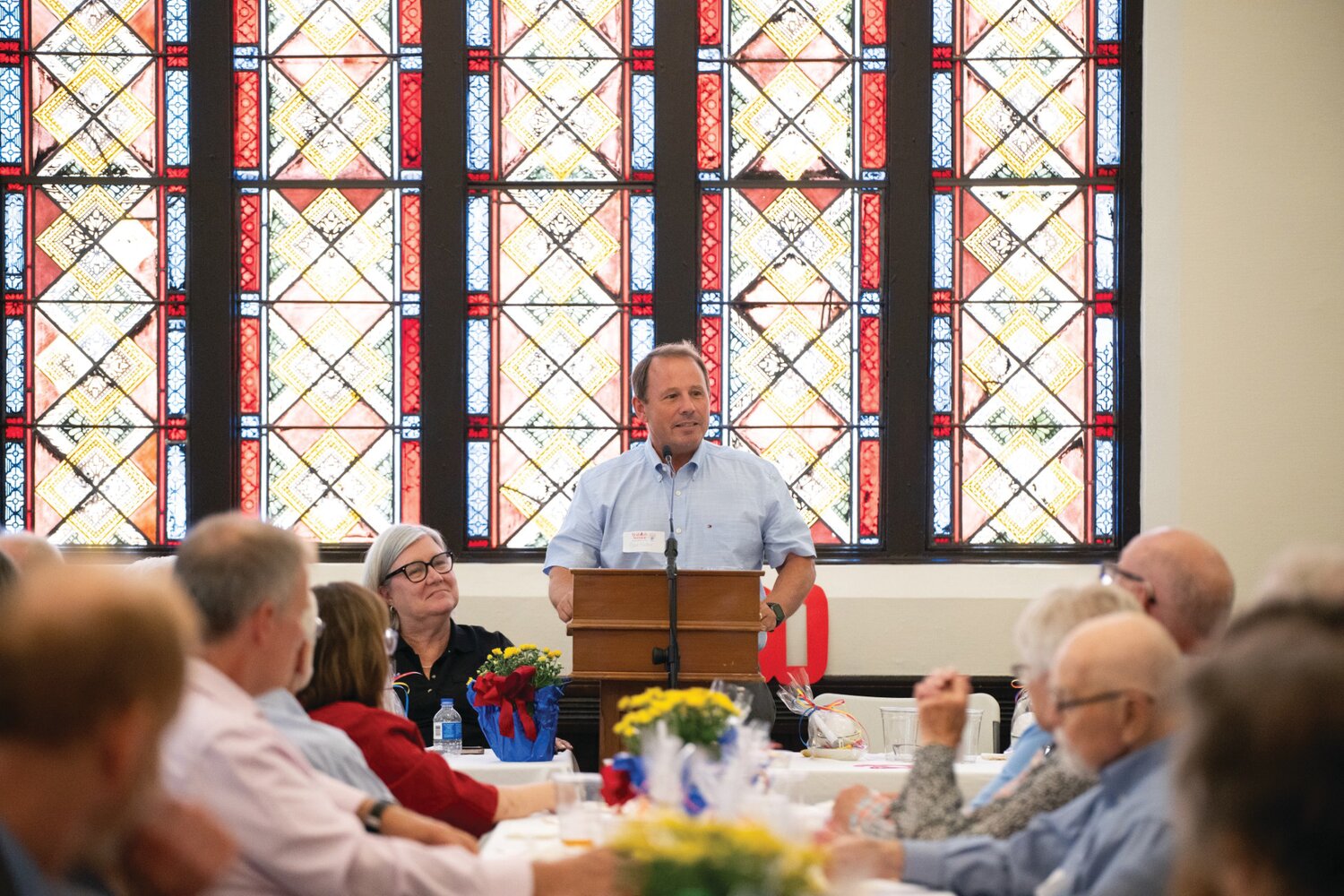 Wabash College President Scott Feller addresses the crowd during the banquet emphasizing the past and present relationship between the college and the church.