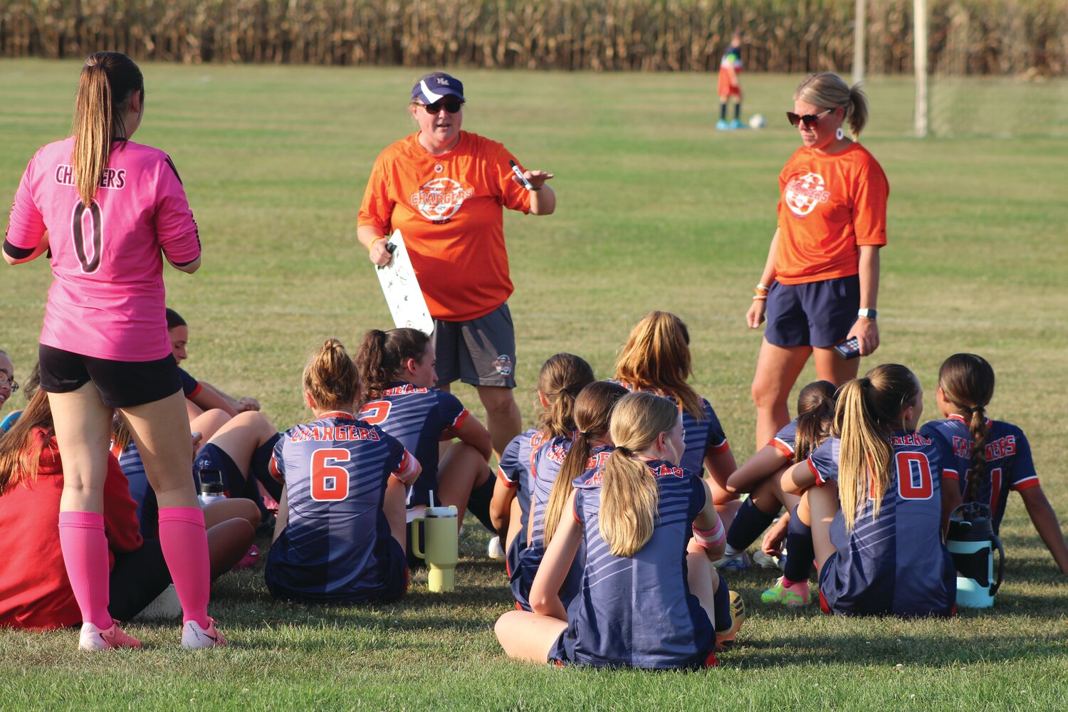 North girls’ soccer coach Julie Hodges talks with her team during a recent match. Hodges earned her 100th win on Sept. 5. View additional photos online at www.journalreview.com.