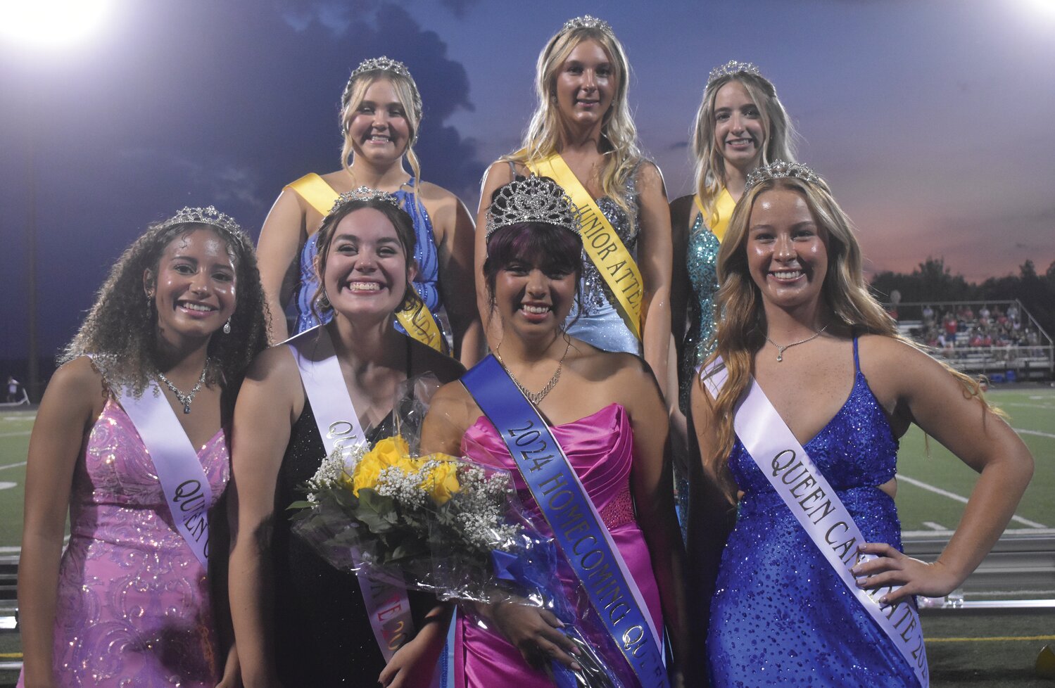 Georgianna Hernandez, third from left in the front row, was crowned the 2024 Homecoming Queen at Crawfordsville High School on Friday. Also pictured, from left, in the front row, are seniors Cadence Brown, Katie Douglas and Celeste Moore; and back row, freshman attendant Ella Patton,  junior attendant Emma Mulvey and sophomore attendant Kaya Money.