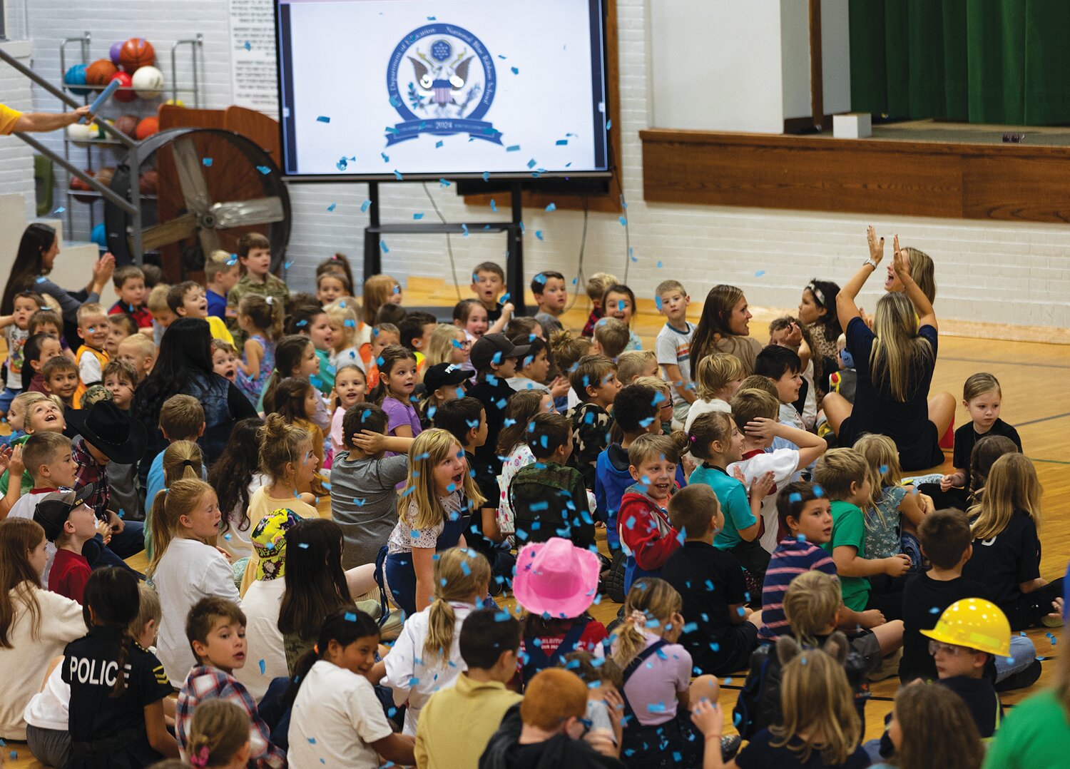 Ladoga Elementary students celebrate Tuesday after receiving a National Blue Ribbon Award.