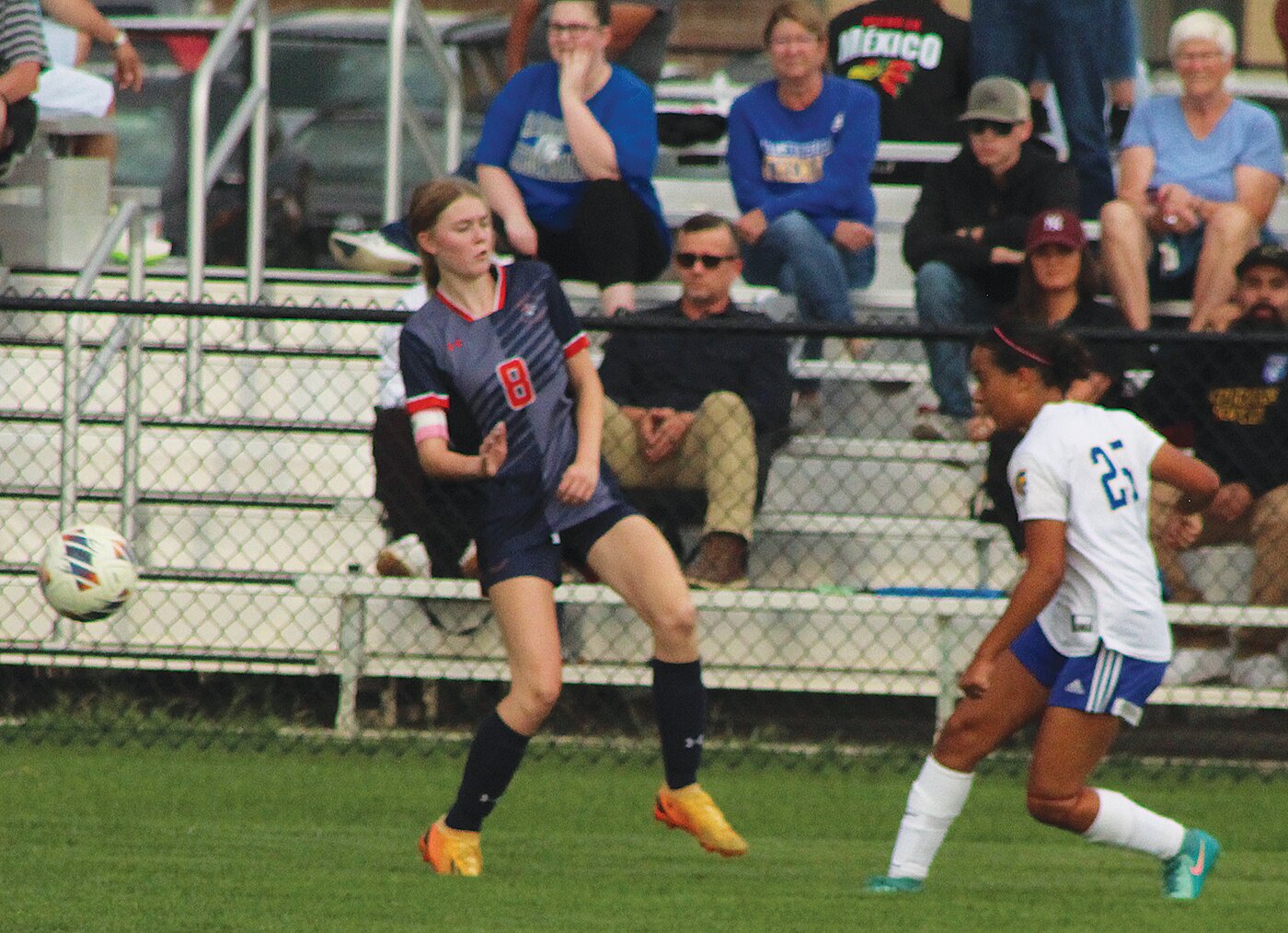 Crawfordsville’s Ally Johnson kicks a ball past North Montgomery’s Gracie Ratcliff in Thursday 3-1 Athenian victory.