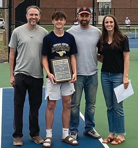 Skylar Hoagland, second from left, was the inaugural winner of the Terry Field Wabash River Conference Sportsmanship Award. Field’s children, Travis, Tyler and Tiffany presented the award. The award is named after longtime Covington tennis coach, Terry Field, who began coaching boys tennis in 1985, and retired from coaching following the spring 2023 girls season, after the loss of his wife, Anita. While Terry desired to enter back into the coaching ranks, he developed cancer and was not physically able to coach again. His calm demeanor, dedication to both the sport and his athletes, and his wisdom that he passed along to players and coaches, will forever be remembered by those fortunate enough to have known him. Terry coached in such a way to give his teams the greatest chance for success, while his focus always remained on training young men and women to conduct themselves in a manner that was both appropriate for the sport and for success in life. In order to receive this award, the following criteria needs to be met: the player is either a member of a WRC varsity team or is a senior; the player is nominated by an opposing coach at the WRC Tournament Seed; the player receives the most votes and is confirmed deserving of the award by the player’s coach; and the player is in good standing with the player’s school.