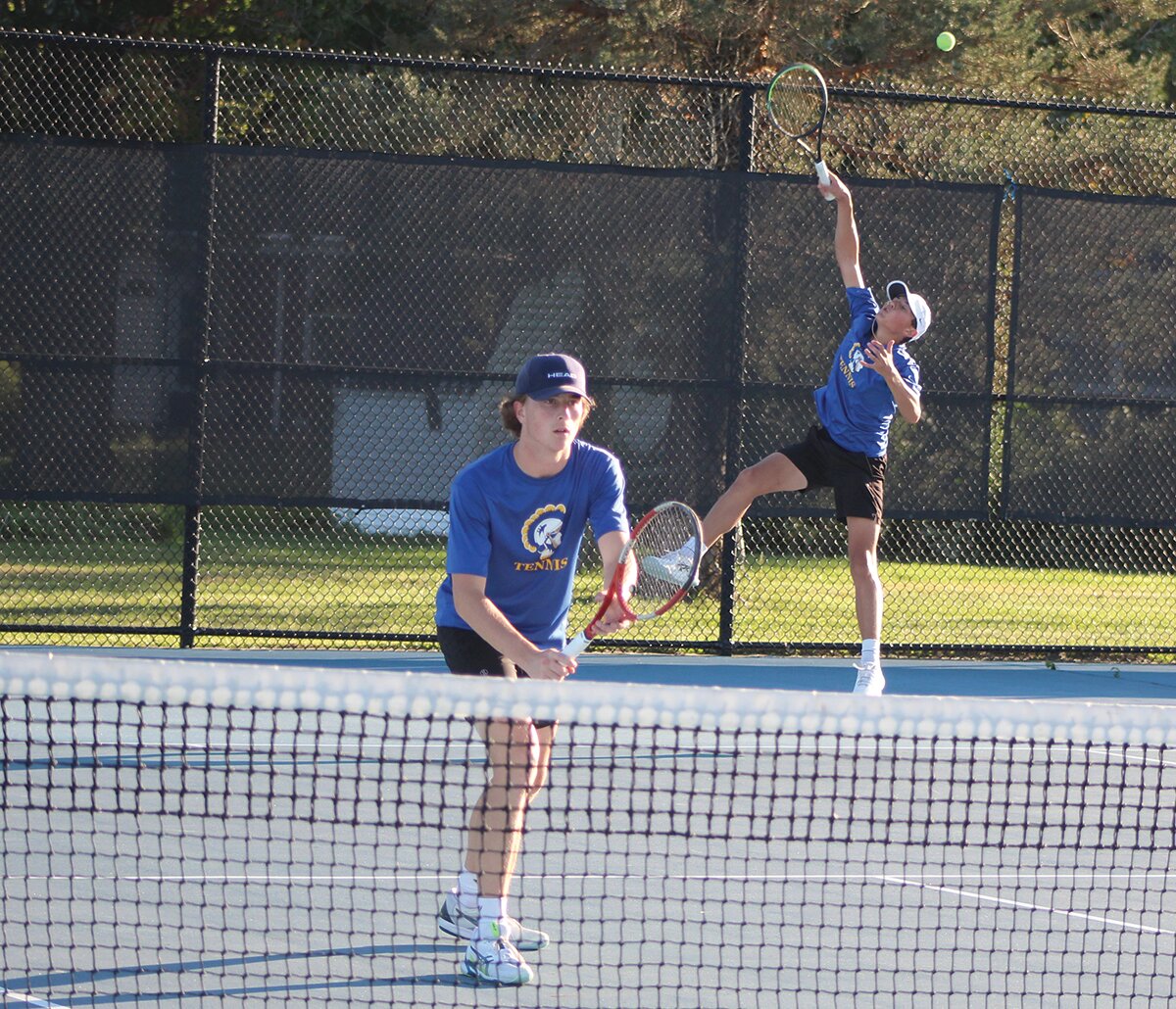 The Athenian No. 1 doubles team of Jude Hutchison, left, and Henry Bannon defeated Lebanon to secure the Crawfordsville Sectional Championship on Thursday.