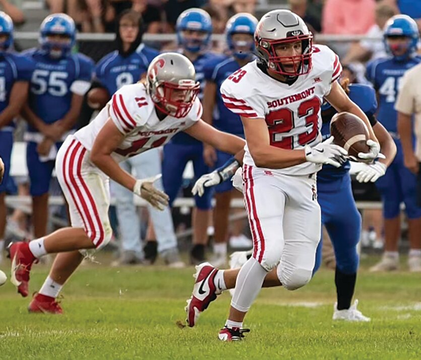 Cale Chadd, pictured here in a game earliier this season against Frankfort, broke into the end zone on a three-yard pitch Friday against Western Boone. The Mounties fell to the Stars 36-6.