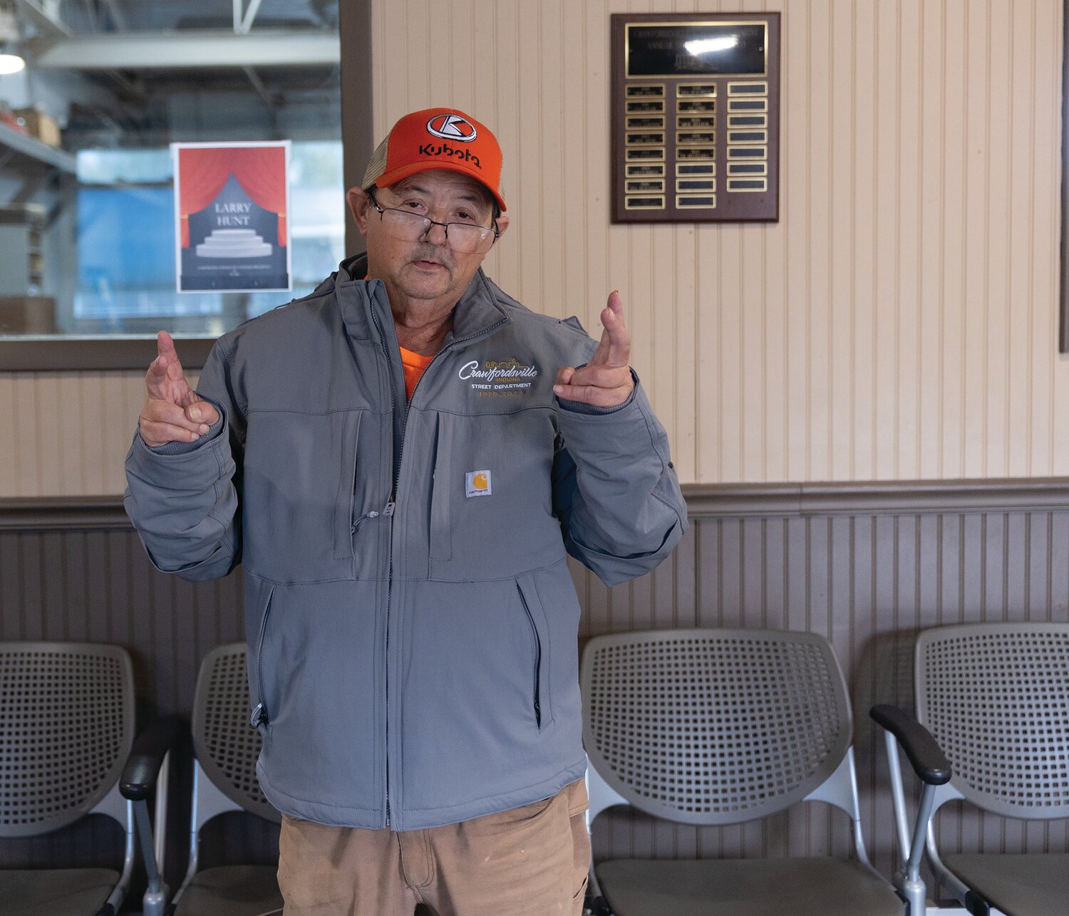 Larry Hunt posed for a silly photo at his work retirement party on Friday.