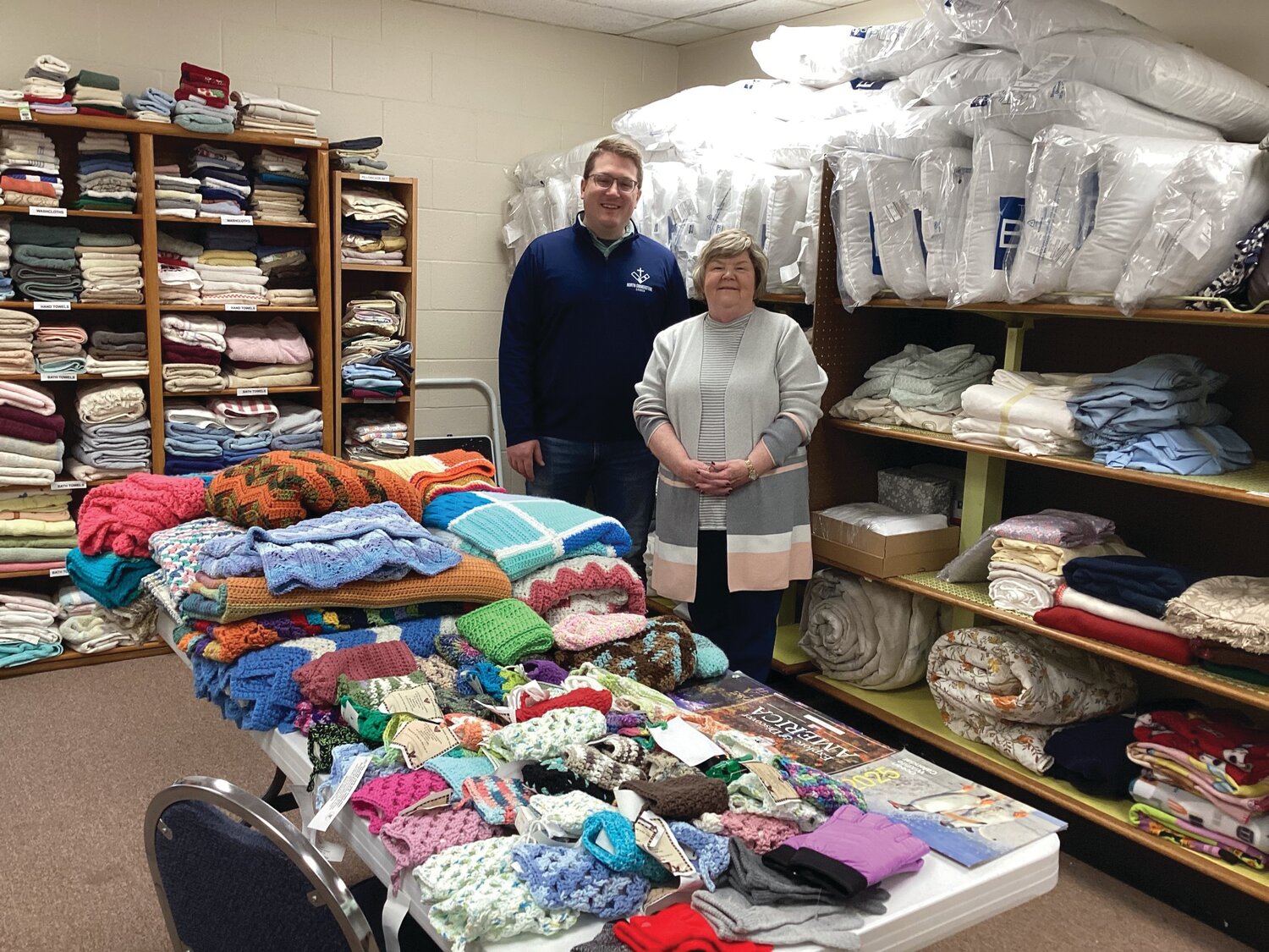 Pastor Phil Carder of the North Cornerstone Church in LInden poses with Tina Martin, coordinator of the LInen Closet. The church donated $1,000 for the purchase of blankets, towels and other items. The Linen Closet is housed at First Baptist Church, 1905 Lebanon Road, Crawfordsville, and provides household linens to neighbors in need. It is open 9-11 a.m. Thursdays.