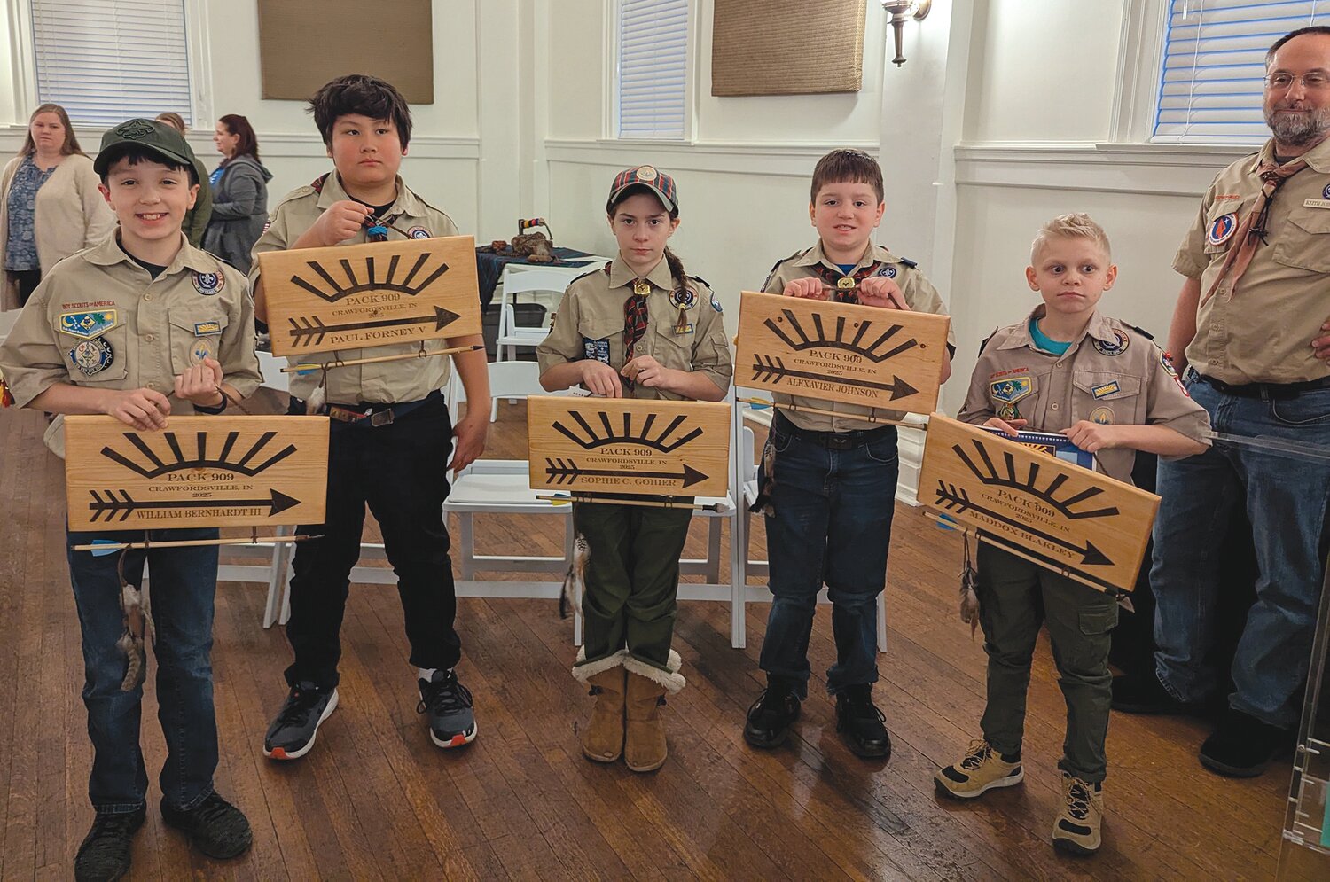 Five local fifth graders, from left, William Bernhardt, Paul Forney, Sophie Gohier, Alexavier Johnson and Maddox Blakley, were presented with their Arrow of Light awards for completing the Cub Scout program.