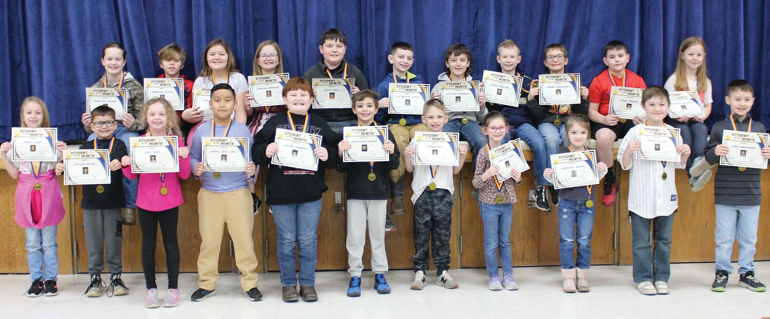 Selected as Student of the Month for February at Southeast Fountain Elementary School, are, from left, front row: Hazel Clark, Bowen Wolfe, Cady Coon, Angel Leal-Leal, Layton Haworth, Christopher Brewer, Baden App, Lakelyn Latham, Scarlett White, Kohen Keller and Luke Horlacher; and back row, Madi Songer, Jeremiah Cooper, Aria Kilgore, Aubrynn Burkhart, Silas Pool, Eli Grissom-Kirtley, Trip Peterson, Gavin Bowling, Kreed Harkrider, Ryan Parker and Tabitha Wildman.