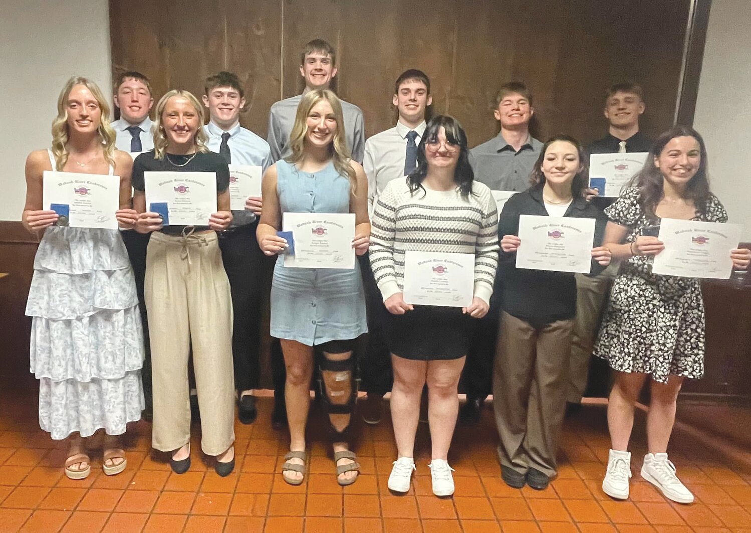 Parke Heritage High School winter athletes were honored at the Wabash River Conference banquet held Wednesday at the Beef House in Covington. Those receiving All-conference honors were Emma Simpson, Addilee Jenkins and Raegan Ramsay, girls basketball; Treigh Schelsky, BT Luce, Renn Harper, Isaac Pickel and Carter Crum, boys basketball; Maddie Crowder, Rheese Benjamin and Mackenzie Gillogly, girls wrestling; and Klayton Burgess, boys wrestling. Both the girls and boys basketball teams were recognized for winning the conference titles with undefeated 7-0 records. The girls wrestling team was also recognized for winning their conference tournament. Earning All-Conference were front row, Addilee Jenkins, Emma Simpson, Raegan Ramsay, Maddie Crowder, Rheese Benjamin and Mackenzie Gillogly; and back row, Klayton Burgess, Treigh Schelsky, Issac Pickel, Carter Crum, BT Luce and Renn Harper.