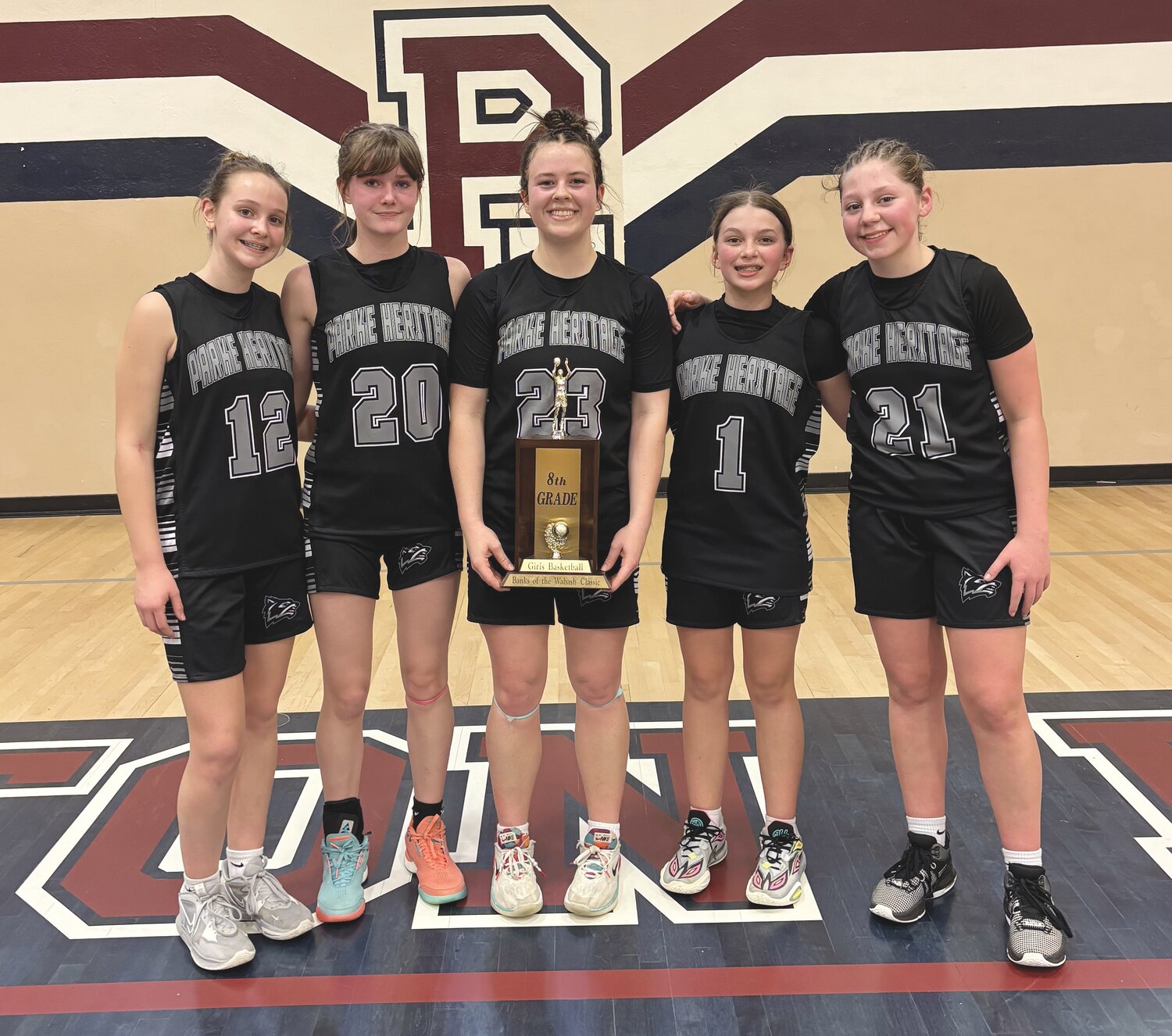 The Parke Heritage Middle School  eighth grade girls basketball team won the Banks of the Wabash tournament on March 12. Team members are Alisa McMullen, Leah Mathis, Kennedy Mitchell, McKinlee Jenkins and Jenna Newnum.