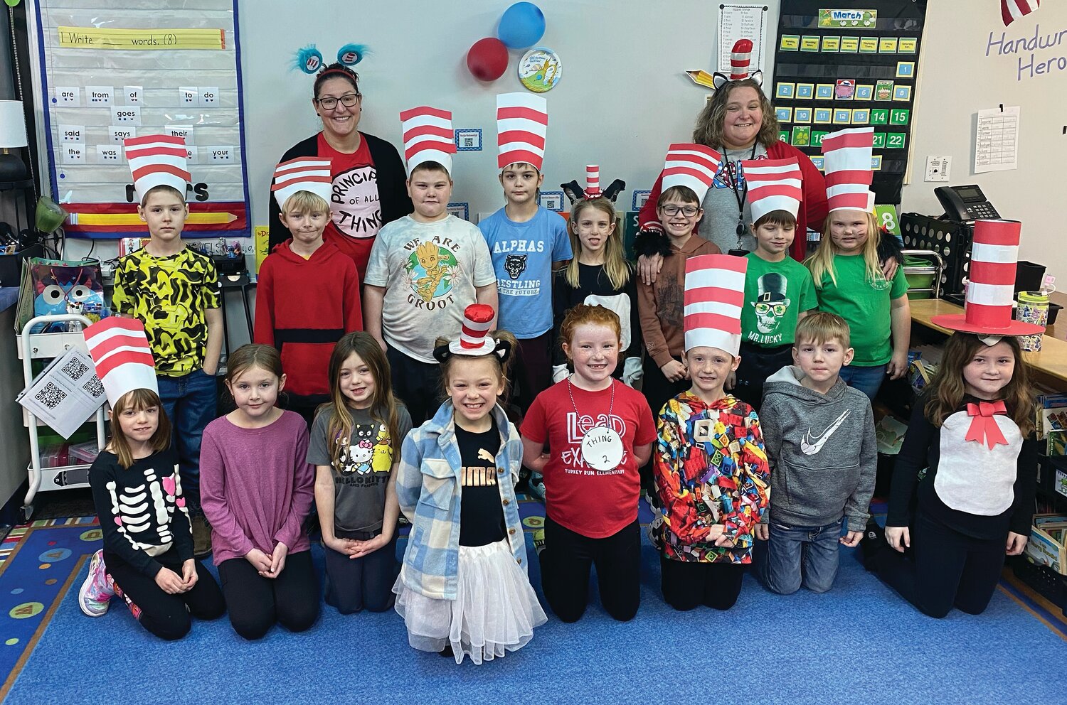 As a part of Read Across America, Turkey Run Elementary School participated in various Dr. Seuss activities on March 5.Students were invited to dress up as their favorite Dr. Seuss character or a wacky Dr. Seuss inspired outfit. Pictured are first grade students in Mrs. Jennifer Conley’s class.