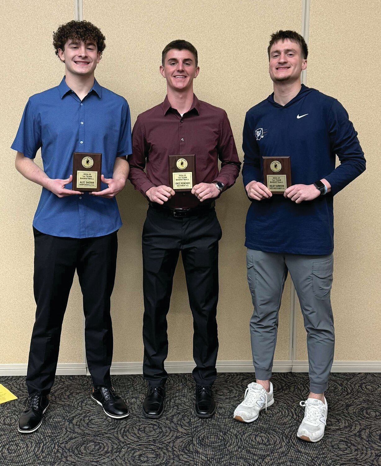 Montgomery County was well represented at Wednesday’s Sagamore Athletic Winter Awards Banquet. Boys basketball first team recipients are, from left, Alec Saidian from Crawfordsville, Vince Reimondo from Southmont and Kelby Harwood from North Montgomery.