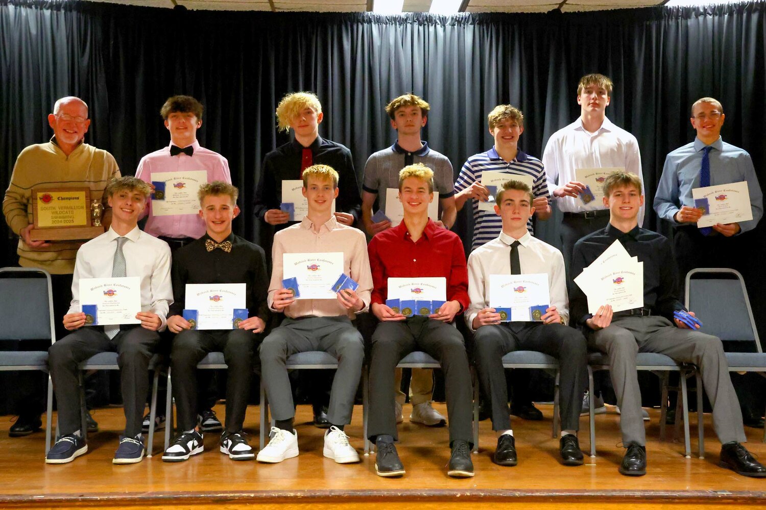 Members of the 2024-25 All-WRC boy’s swimming team are, from left, front row, Alanson Hammond (SV), Braxton Idlewine (SV), Trevor Shannon (SV), Brock Skinner (SV), Aaron Saunders (A), Wrede Johnson (S); and back row, Coach Kent Musall (SV), William Armstrong (FC), Walter Beardsley (SV), Lincoln Doan (SV), Cayden Grimmett (S), Jax Watson (S) and Nick Wallpe (S).