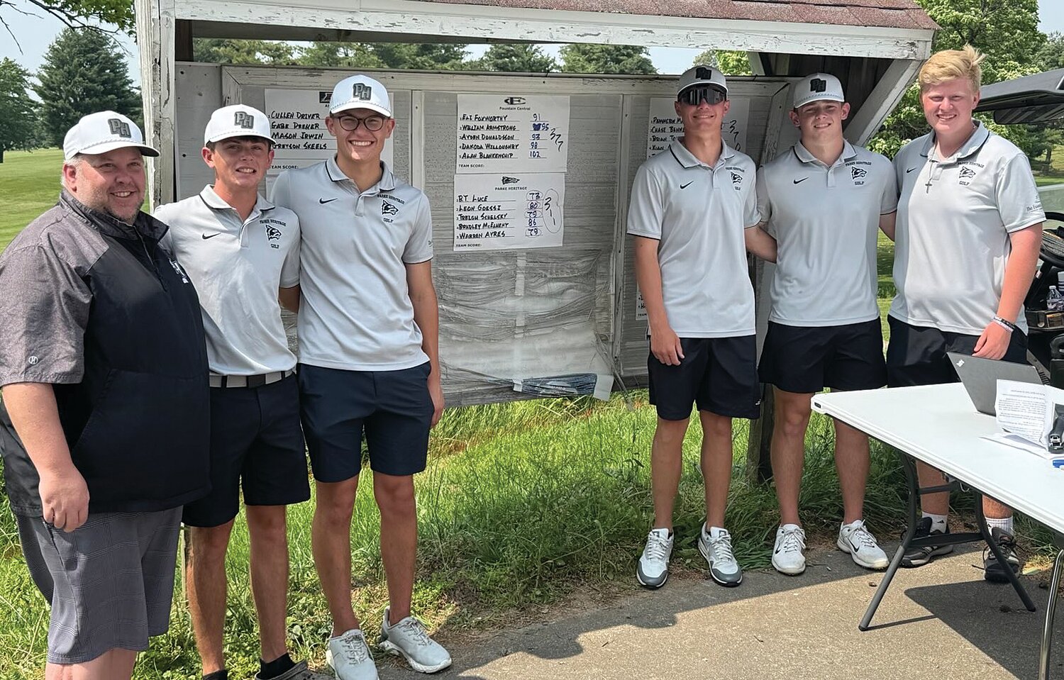 For the third year in a row, the Parke Heritage High School boys golf team claimed the Wabash River Conference title on June 3. Pictured, from left, are Coach Corey Ransom, Bradley McElheny, Leon Goessi, BT Luce, Treigh Schelsky and Warren Ayres.