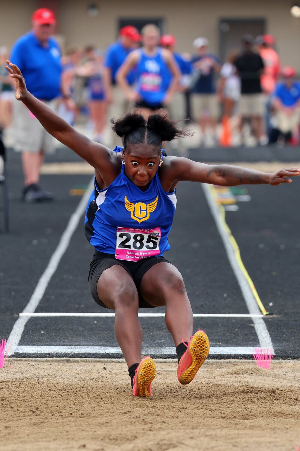Naarah Byard of Crawfordsville - long jump - her best jump of the day at 16-10-25/5.13m for 20th place at the state meet