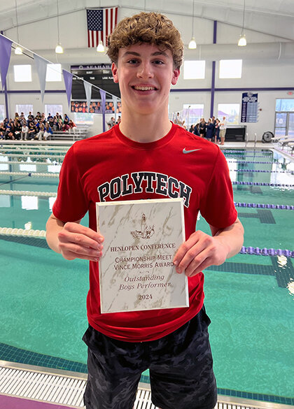 Polytech High swimmer Jacob Madden was named the Outstanding Swimmer at the Henlopen Conference championships. SUBMITTED PHOTO.