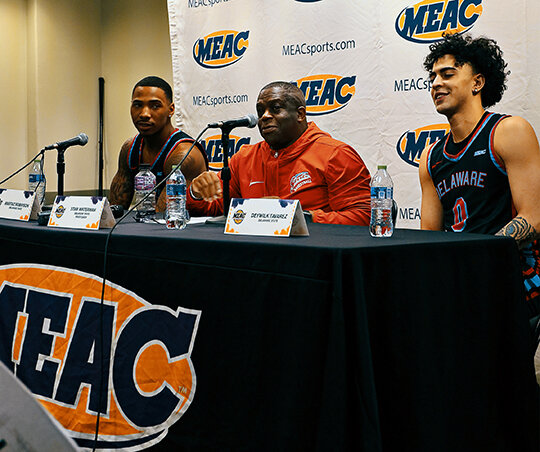 DSU's (left to right) Martaz Robinson, coach Stan Waterman and Deywilk Tavarez answer questions at the MEAC Tournament. Delaware State University photo/Anthony Lacey