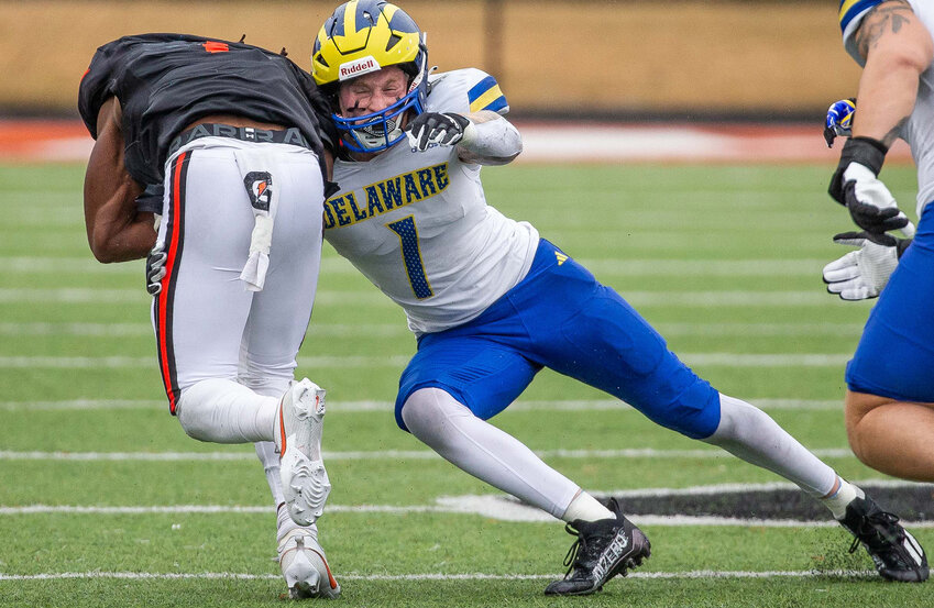 The Blue Hens’ Ty Davis will probably do a little more tackling as he moves from safety to linebacker. UNIVERSITY OF DELAWARE ATHLETICS/MARK CAMPBELL.