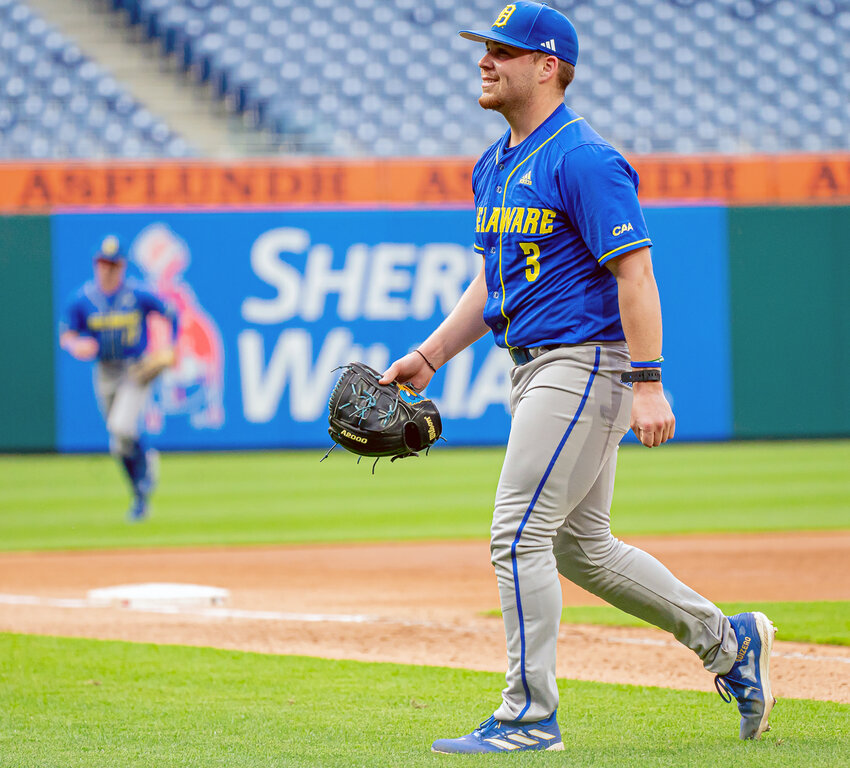 Dom Velazquez flashes a smile as he walks off the mound at Citizens Bank Park following a shutout inning for the Blue Hens. Delaware Athletics photo/Mikey Reeves