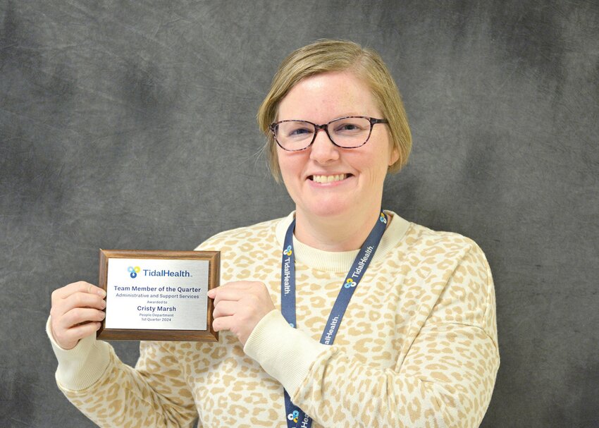 Cristy Marsh of the People Department is TidalHealth Peninsula Regional’s 1st Quarter 2024 Team Member of the Quarter for Administrative and Support Services. (TidalHealth Penninsula Regional)