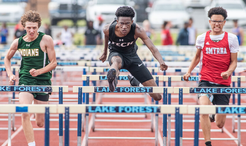 Smyrna’s Elijah Williams (right) often finished second to Sussex Tech’s Youngendy Mauricette in the 110-meter hurdles. DAILY STATE NEWS FILE PHOTO.